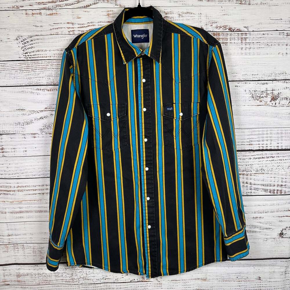 Wrangler Pearl Snap Brushpropper Black Blue Stripe Western Cowboy Shirt Mens M